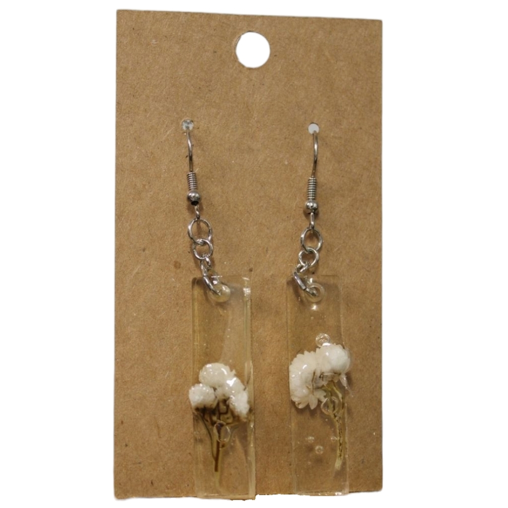 Real Pearly Everlasting Dried Flower Resin Earrings - Hypoallergenic